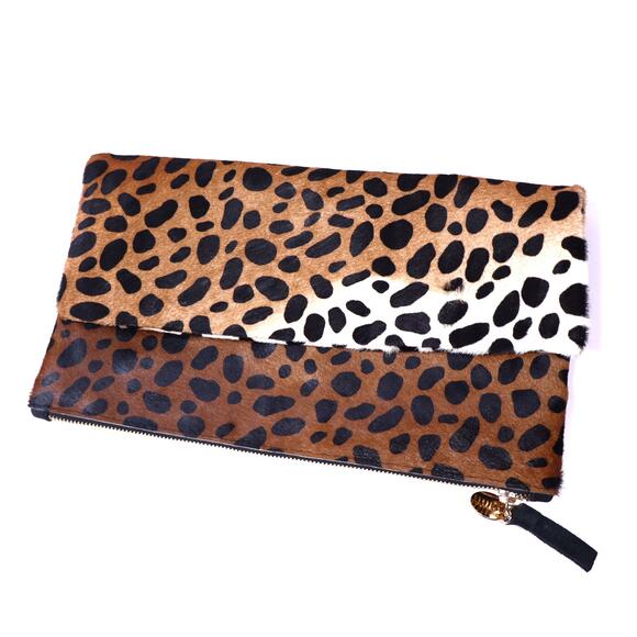 CLARE V. Foldover Calf Hair Clutch Leopard Print Linen Lined Gold Top Zip